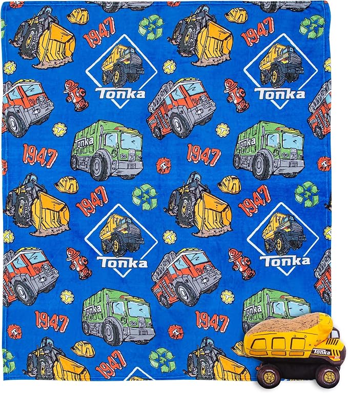 Northwest Hasbro Tonka Sketched Hugger Pillow & Silk Touch Throw Blanket Set, 50x60 Inch Blanket and 11 Inch Plushie