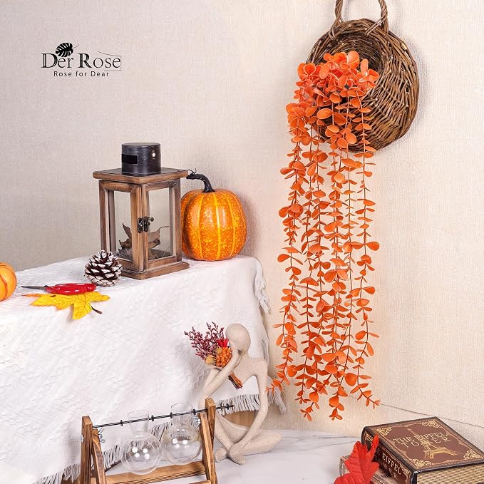 Der Rose 1Pcs Fake Fall Plants Hanging Orange Artificial Potted Faux Eucalyptus Plant Decorations for Fall Thanksgiving Bathroom Table Centerpiece Wall Kitchen Room Decor Indoor and Outdoor