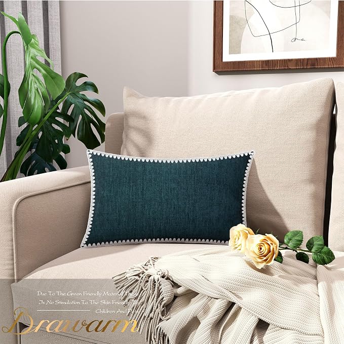 BRAWARM Chenille Throw Pillow Covers 12x20 Inches, Deep Lagoon, 2 Pack | Decorative Lumbar Pillow Covers with Shell Edge, Soft Cushion Cases for Sofa Bed Living Room Home Farmhouse (No Insert)