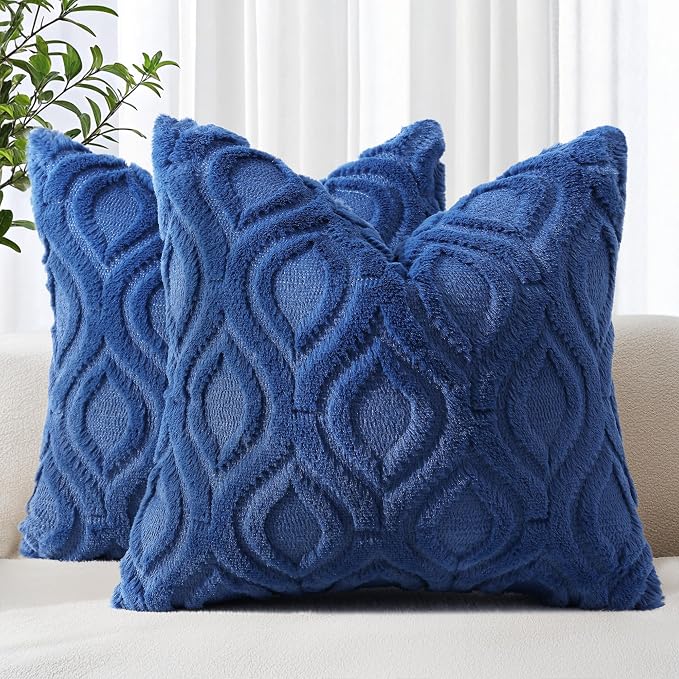 decorUhome Faux Fur Plush Soft Dark Blue Throw Pillow Covers 16x16 Set of 2 | Wool Solid Fall Couch Pillow Covers, Accent Modern Farmhouse Neutral Decorative Square Pillow Cases for Sofa Bed Living Room