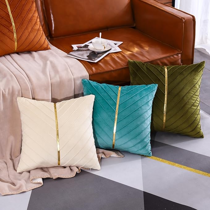Velvet Throw Pillow Covers 20x20 inch Pack of 2 Gold Decor Cream | Soft Solid Pillow Covers,Modern Luxury Home Decor,for Couch Chair Sofa Bedroom Livingroom,Hidden Zipper,Ideal Gift,Easy Care