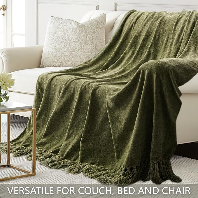 Chenille Throw Blanket for Couch 60" x 80" Twin, Olive Green | Soft Cozy Throws with Fringe Tassel, for Living Room Bed Sofa Chair Cover, Lightweight Knitted Boho Blankets Christmas Decor