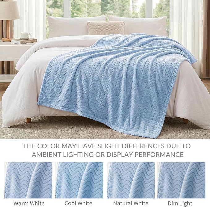 Exclusivo Mezcla Soft Fleece Blanket Twin Size for Bed, Sofa, Light Blue | 90"x66" Breathable Lightweight Flannel Blanket for Summer, Plush Cozy Jacquard Wave for Home Decor