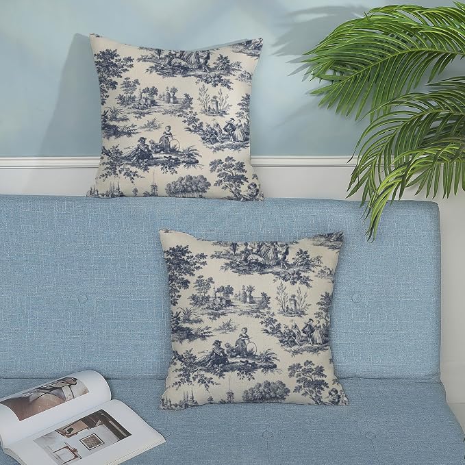French Country Pillow Covers 20x20 Set of 2 Vintage Toile Blue Throw Pillows French Country Decor Outdoor Pillowcase Rustic Cottage Linen Decorative Farmhouse Cushion Case for Couch Bed Sofa
