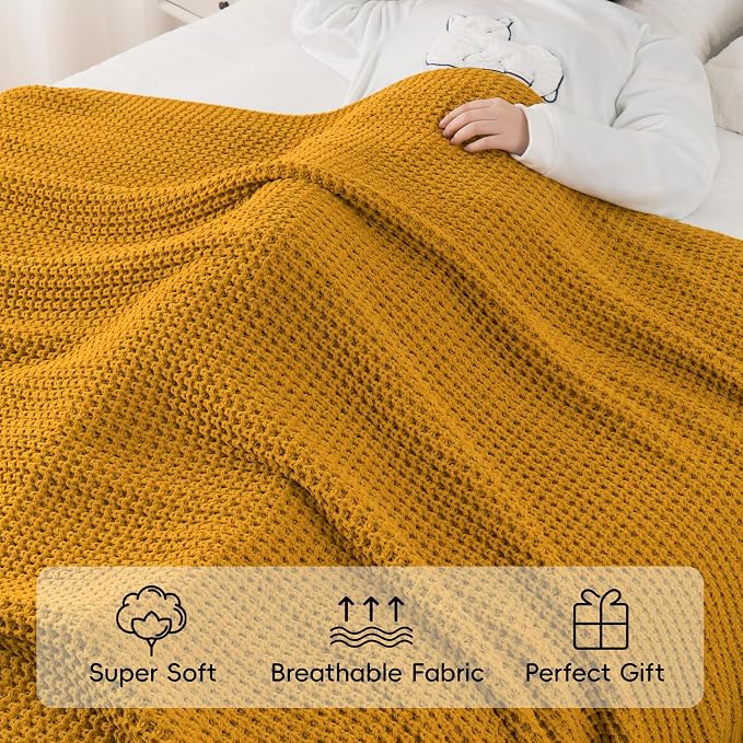 Waffle Knit Throw Blanket, Mustard Yellow Throw Blanket for Couch 60"x80" | Chunky Chenille Throw Blanket, Soft Fall Mustard Throw Blanket for Home Decor, Modern Farmhouse Knitted Style