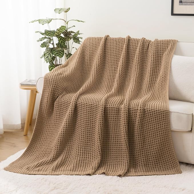 Beige Throw Blanket for Couch, Tan Waffle Knitted Throw Blankets 50"x60" | Farmhouse Throw Blanket for Home Decor, Neutral Knitted Beige Blanket, Decorative Soft Chunky Chenille Throw for Bed Sofa