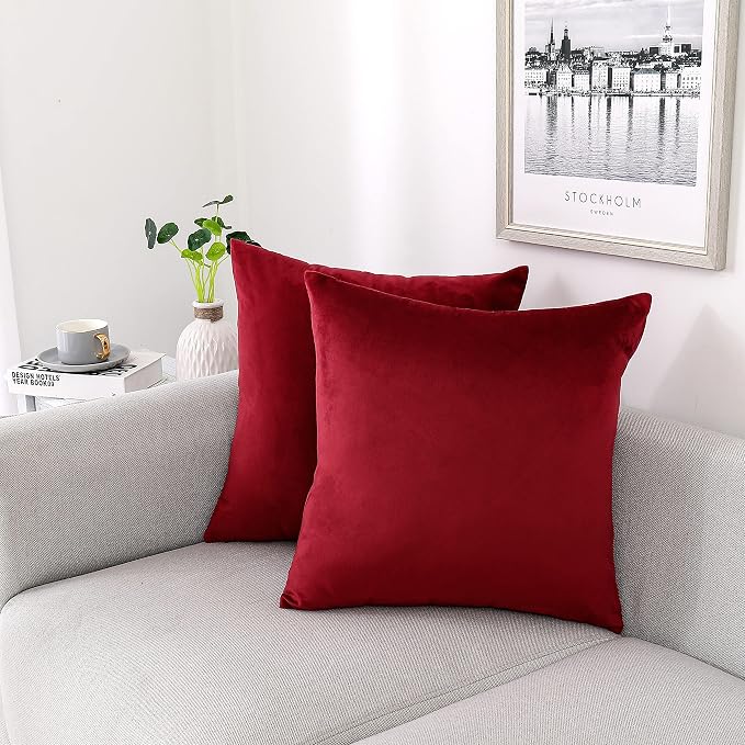 NiNi ALL Burgundy Red Velvet Throw Pillow Covers 26x26 Pack of 2 Decorative | Soft Solid Boho Cushion Squar Pillow Cases for Chair Sofa Bedroom Farmhouse Living room Modern Luxury Home Decor Christmas