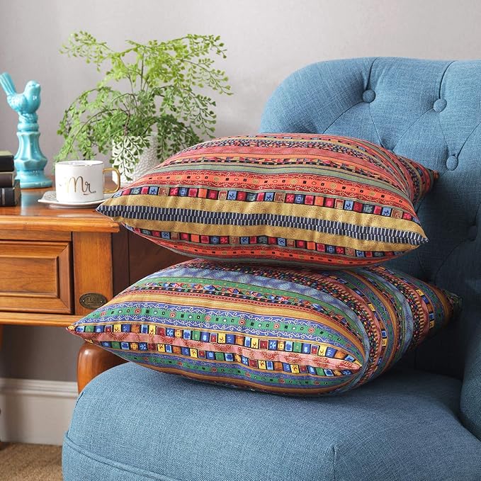 TAOSON Red Stripe Bohemian Style Antique Cotton Blend Linen Sofa Throw Pillowcase Cushion Cover Pillow Cover with Hidden Zipper Closure Only Cover No Insert 24x24 Inch 60x60cm
