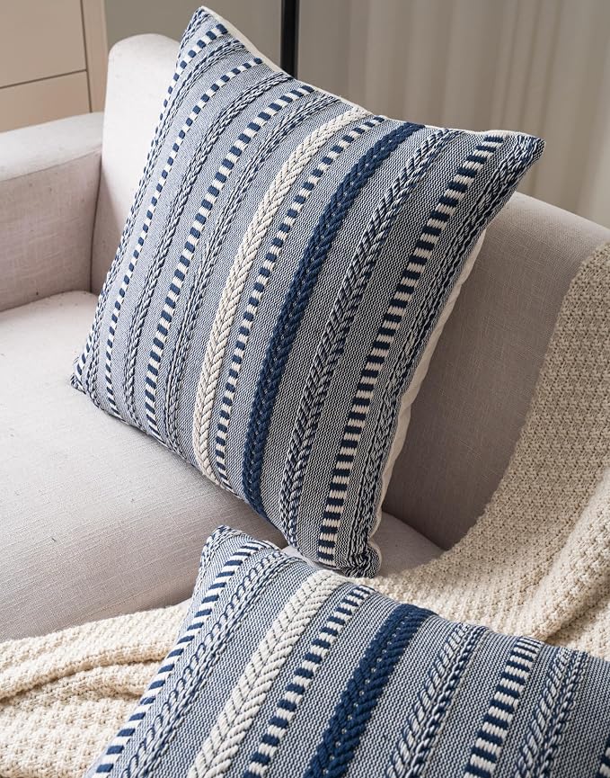 Cethom Boho Throw Pillow Covers 18x18 Inch Set of 2, Farmhouse Decorative Couch Pillow Cases, Navy Blue Accent Pillows of Bed, Sofa Bedroom Living Room Home Decor Cushion Cover