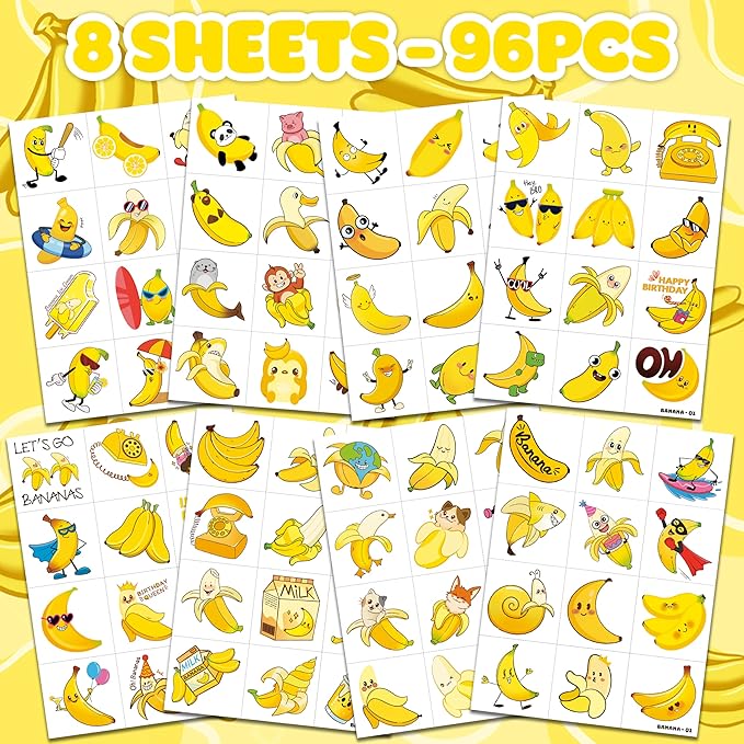 96PCS Banana Pre-Cut Temporary Tattoos for Kids | Super Cute Themed Birthday Party Favors, Supplies, Decorations, Cute Funny Fruit Fake Tattoo Stickers, School Rewards Prizes & Gifts for Boys & Girls