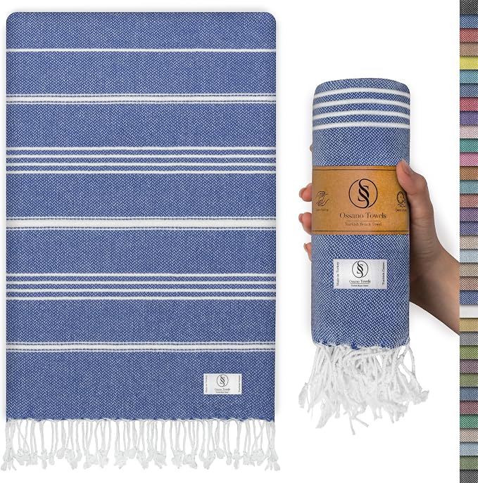 Ossano Turkish Beach Towel Compact & Lightweight Extra Large (39" x 71") - Quick Dry, Versatile and Functional as Picnic, Travel and Yoga Blanket, Pool, Shower, Cruise and Gym Towel - Royal Blue
