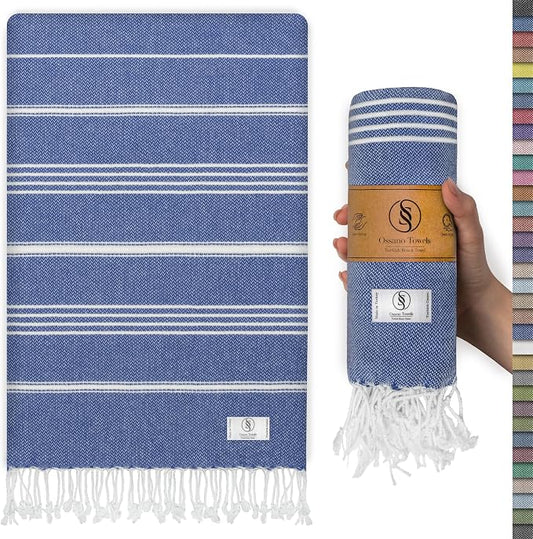 Ossano Turkish Beach Towel Compact & Lightweight Extra Large (39" x 71") - Quick Dry, Versatile and Functional as Picnic, Travel and Yoga Blanket, Pool, Shower, Cruise and Gym Towel - Royal Blue