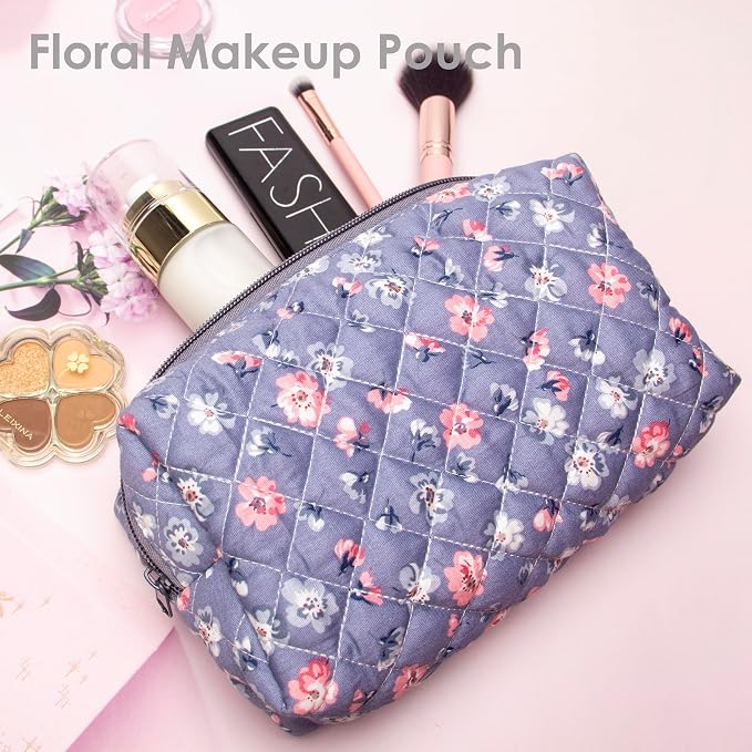 PAZIMIIK Small Quilted Makeup Bag,Zipper Cosmetic Pouch,Grey Floral | Lightweight Cosmetic Bag Organizer for Women,Purse Storage Holds Makeup,Toiletries,Skincare,Beauty Essentials,Travel Items