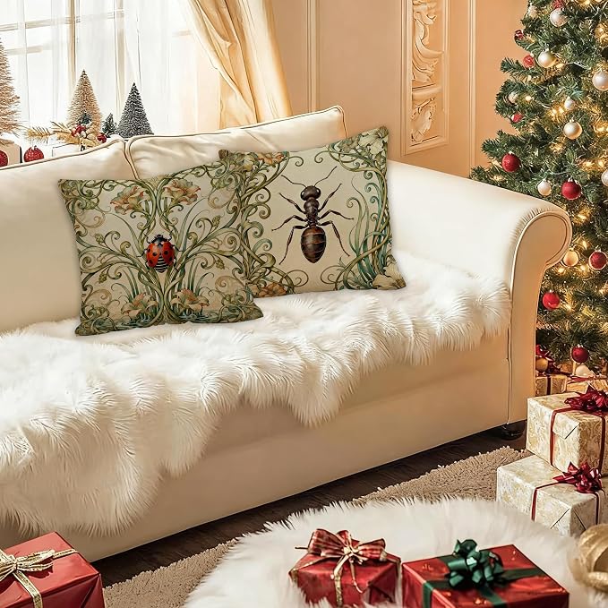 Art Nouveau Ladybug Ant Insect Pillow Covers 18x18 Set of 2, Nature Room Home Decor, Cottagecore Beige Vintage Floral Bug Insects Decorative Pillow Covers for Home Living Room Bedroom