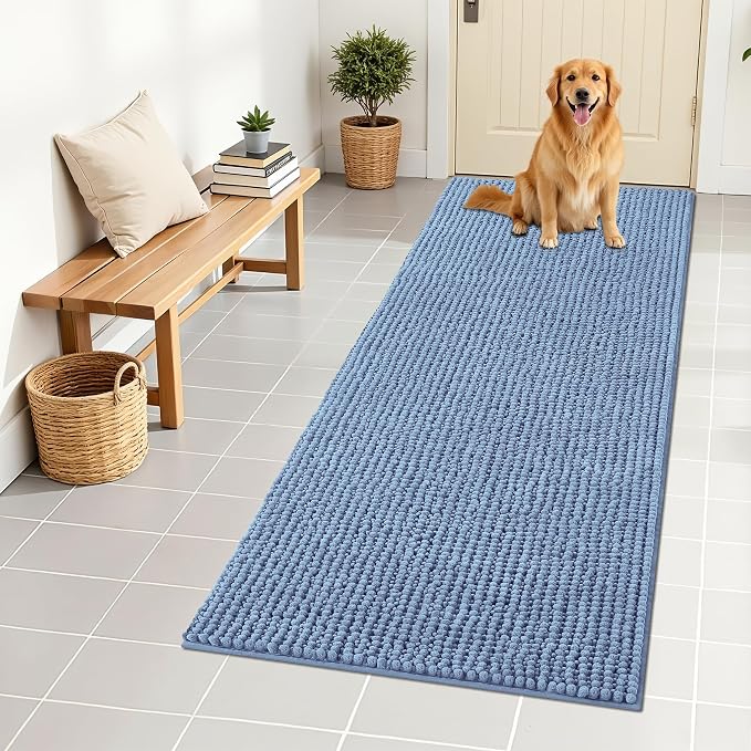 OLANLY Dog Door Mat for Muddy Paws 59x24, Extra Absorbent Chenille Mud Mat | Airy Blue, Absorbs Moisture and Dirt, Non-Slip Machine Washable Doormat, Quick-Drying Indoor Entryway Floor Mat for Dogs