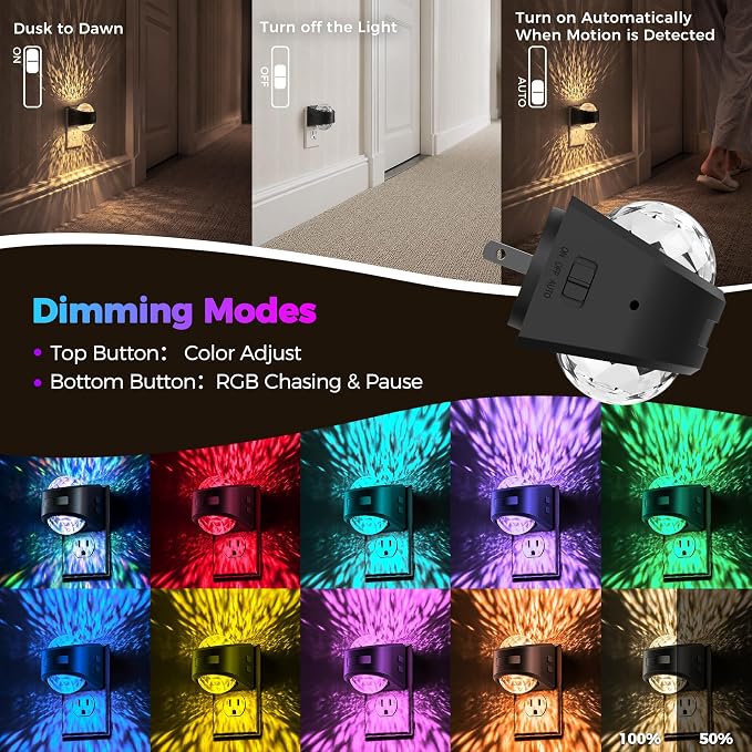 Motion Sensor Night Light Projector, RGB Warm Nightlight Plug in | night lights plug into wall 9 color warm 3000K, dusk to dawn & motion sensor, 180° rotatatble, bedroom, nursery, home decor