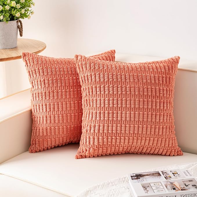 Aegero Pack of 2 Corduroy Decorative Throw Pillow Covers 18x18 Inch, Orange | Fall Soft Striped Pillow Covers Modern Farmhouse Home Decor Christmas Throw Pillow Covers for Sofa Living Room Couch Bed