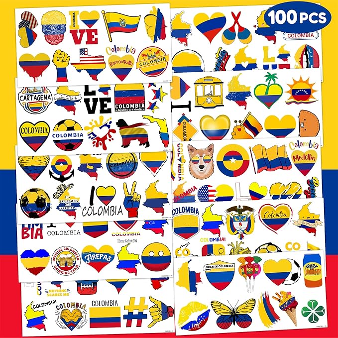 100PCs Colombia Temporary Tattoos Colombia Independence Birthday Party Decorations Favors Supplies Flag Themed Cute Stickers 10 Sheets Gifts for Baby Kids Girls Boys Class School Carnival Christmas