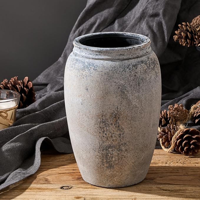 PORCER 8.2 Inch Ceramic Vase, Terracotta Rustic Vase Farmhouse Decorative Vase Boho Decor, Ceramic Vases for Home Decor, Living Room, Entryway, Floor, Holiday Wedding Christmas New Year Gifts - Gray