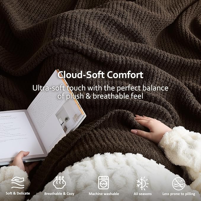WDCOZY Brown Waffle Throw Blanket for Couch Bed, Reversible Super Soft Plush Knitted Blanket, Lightweight Cozy Fuzzy Fluffy Throw for Sofa Chair, Textured Blanket for Home Decor, Chocolate 60"x80"