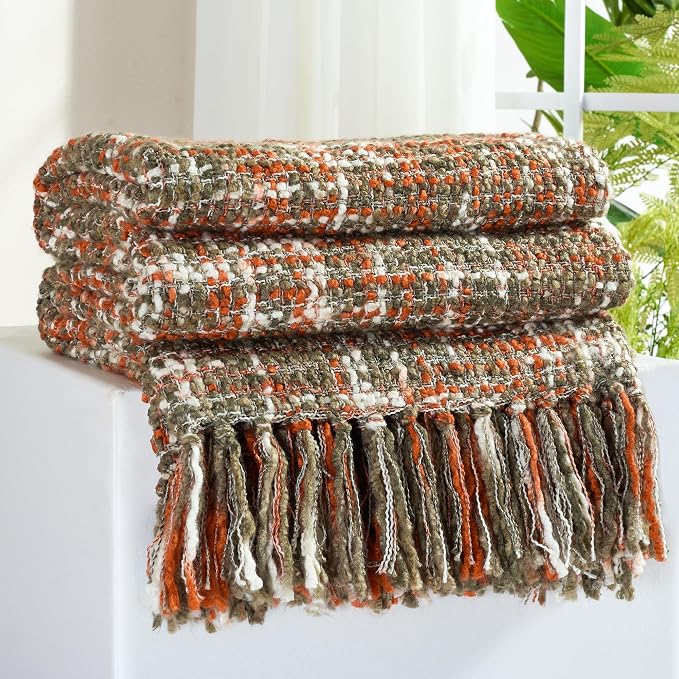 Multi-Color Cable Woven Throw Blanket for Couch - 60"X80" | Multicolored Boho Style,Super Soft Warm Cozy Chunky Blankets with Decorative Tassels for Bed and Sofa,Orange