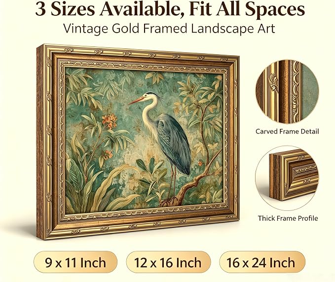 Vintage Gold Framed Canvas Wall Art Blue Heron Nature Wildlifate Painting Picture Wall Decor Botanical Birds Poster Print Artwork for Living Room Bedroom Office Home Decoration