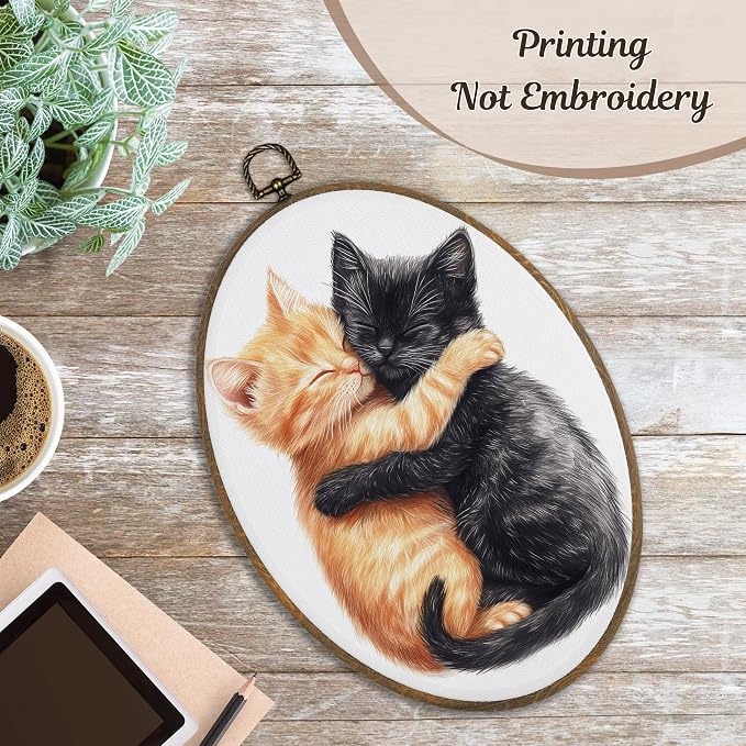 LKETW Orange and Black Cat Oval Wall Art Decor, Cute Tabby Cat Hugging Oval Canvas Hanging Decor, Kitten Wall Decorations for Home Bedroom Living Room Bathroom Office, 8.6x11.4 Inch