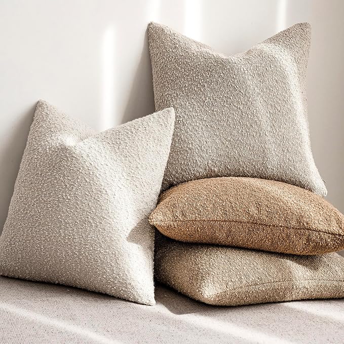 Foindtower Set of 2, Decorative Textured Boucle Throw Pillow Covers Accent Solid Pillow Cases Neutral Cozy Couch Cushion Case for Chair Sofa Bedroom Living Room Home Decor 26 x 26 Inch Ivory Beige