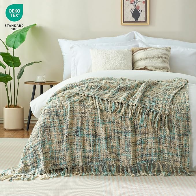 Multi-Color Cable Woven Throw Blanket for Couch - 60"X80" | Multicolored Boho Style,Super Soft Warm Cozy Chunky Blankets with Decorative Tassels for Bed and Sofa,Blue Grey