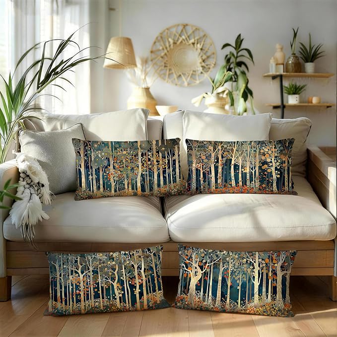 Rustic William Morris Inspired Forest Decor Pillow Covers 12x20 Set of 4,Vintage Botanical Nature Landscape Decorative Throw Pillow Covers for Home Bedroom Living Room,Fall Home Room Decor