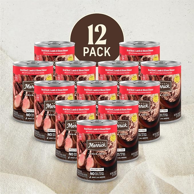 Merrick Grain Free Canned Dog Food, Beef Lamb Bison, 12.7 oz, Pack of 12 | Premium pate crafted without poultry, corn, or wheat; natural beef, lamb, and bison recipe with added vitamins and minerals
