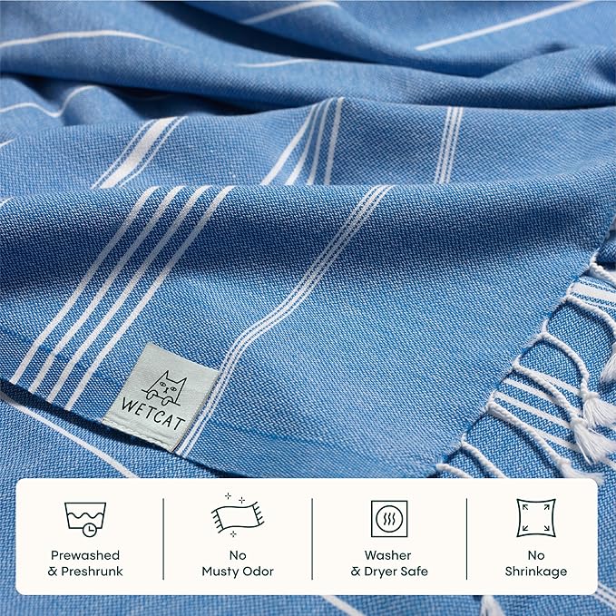 WETCAT Turkish Beach Towel Oversized (38"x71") 100% Turkish Cotton, Made in Turkey - Sand Free, Extra Large, Ultra Soft, Quick Drying, Compact & Lightweight for Travel - Blue