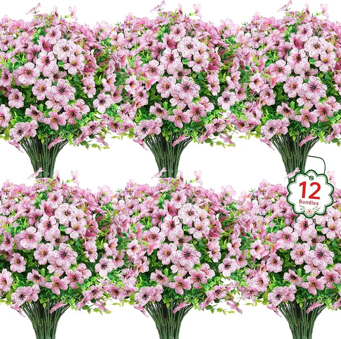 12 Pcs Artificial Flowers for Outdoors Decorations, Pink | Lifelike silk flowers, UV resistant, faux plastic plants, for garden porch window table vase home indoor outdoor decor