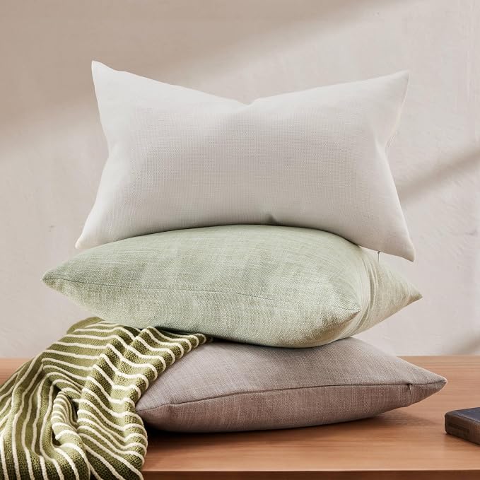 Rustic Linen Lumbar Pillow Covers Set of 2, Off White 12x20in | Textured Pillow Case, Rustic Cotton Linen Fabric, Modern Farmhouse Cushion Covers for Sofa Bed Living Room Home Decor