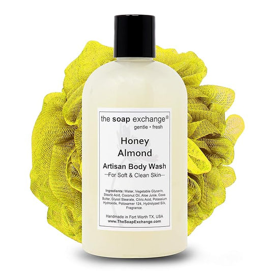 The Soap Exchange Body Wash - Honey Almond Scent - Hand Crafted 12 fl oz / 354 ml Natural Artisan Liquid Soap for Hand, Face & Body, Shower Gel, Cleanse, Moisturize, & Protect. Made in the USA.