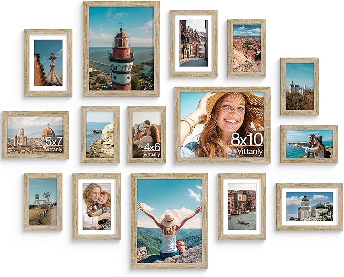 Vittanly 15 Pack Picture Frames Collage Wall Decor, Wall/Tabletop Display | Light Wood, Multi-Size Gallery Wall Frame Set: 3pcs 8x10, 6pcs 5x7, 6pcs 4x6. Picture Frame Set for Family