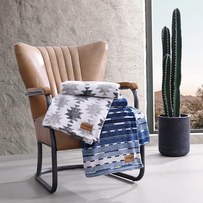 Wrangler - Blanket, Super Soft Sherpa Bedding, Yellowstone Inspired Throw Blanket for Couch or Bed (Canyon Ikat Grey, 50" x 60")