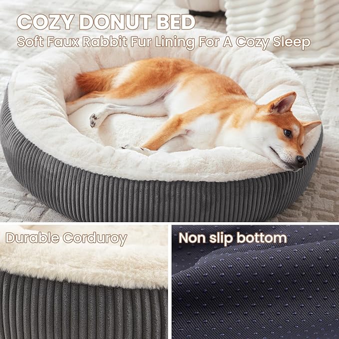 33 inches Calming Donut Dog Bed for Medium Plus Dogs,Dark Grey | Round Pet Bed with Removable&Washable Cover,Plush Faux Fur & Corduroy, Fits Pets up to 50 lbs