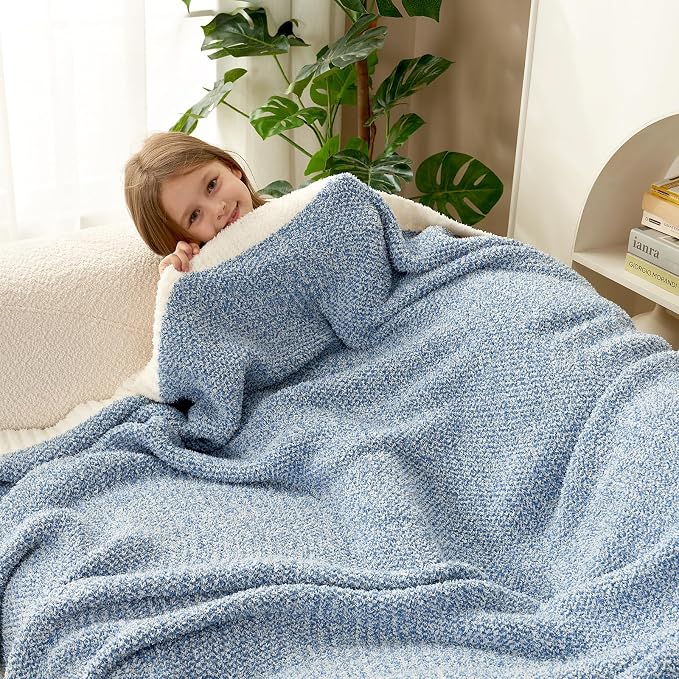 Snuggle Sac Blue Throw Blankets for Couch, Reversible Super Soft Warm Blankets Cozy Knit Blanket Fuzzy Plush Throws for Sofa, Bed, Gift, Heather Blue, 50 x 60 inches (Pack of 2)
