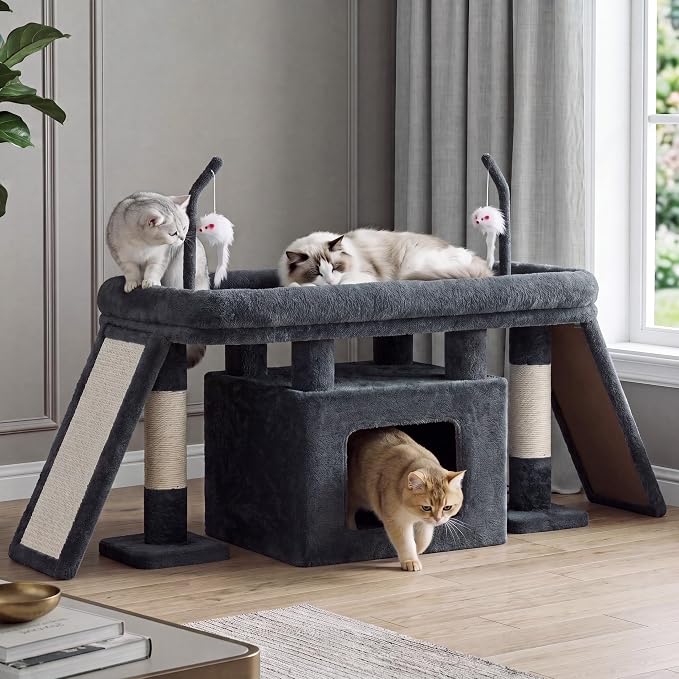 Heybly Cat Tree Extra-Long & Stable 2 Adjustable Scratch Boards HCT210SG | Easy-Climb Cat Tower with Dual-Leg Floor Condo, Sturdy Cat Furniture with Extra Wide Platform & Interactive Toys, Smoky Gray