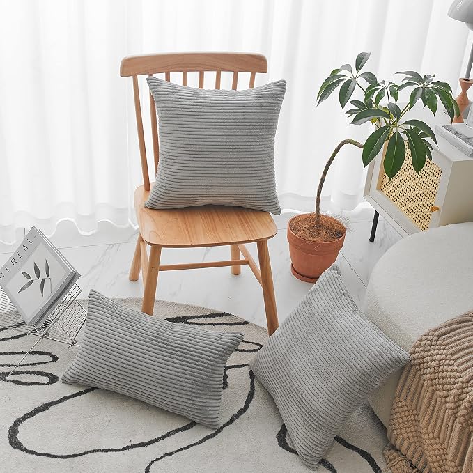 Home Brilliant Throw Pillow Cover 20x20 Soft Plush Striped Pillow Cover Neutral Grey Corduroy Pillow Case for Chair Living Room Furniture Decor, 20 x 20 inch (50cm), Light Grey