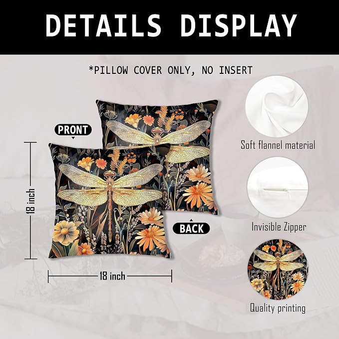 Vintage Dark Dragonfly Bee Butterfly Pillow Covers 18x18 Double-Sided Set of 3,Insect Gifts for Women,Vintage Dark Cottagecore Floral Botanical Insects Decorative Throw Pillow Covers for Home