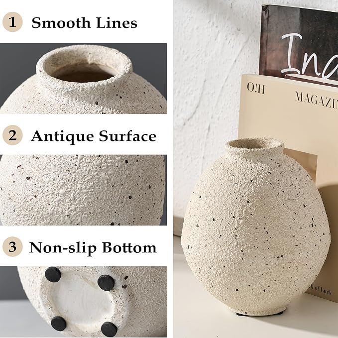 PORCER Ceramic Flower Vase, 6.22 Inch Rustic Farmhouse Vase Home Decor, Handcrafted Vintage Pottery Vase, Small Terracotta Vases for Living Room, Table, Shelf, Fireplace, Cream-White