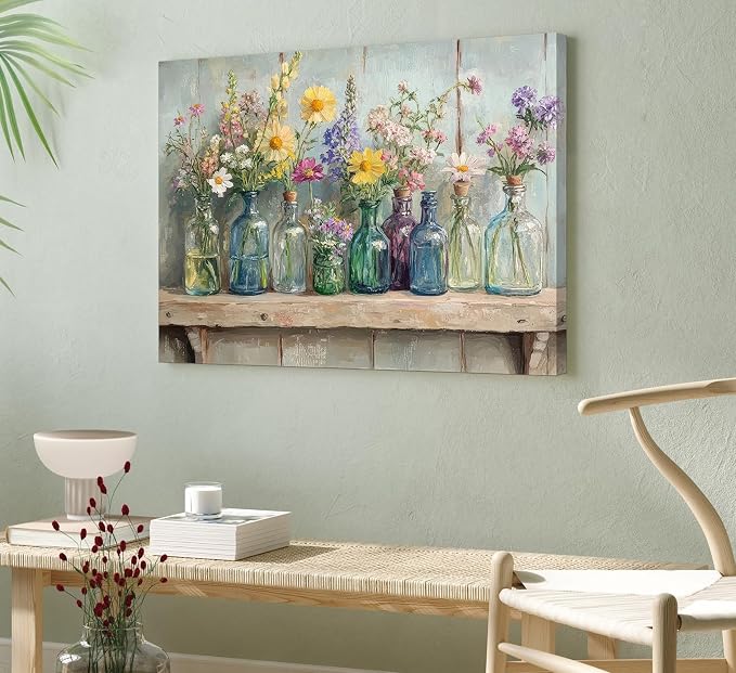 Farmhouse Flower Canvas Wall Art Wildflowers Bottles Wall Decor Rustic Plants Flowers Poster Print Artwork for Bathroom Living Room Bedroom Study Room Home Decoration