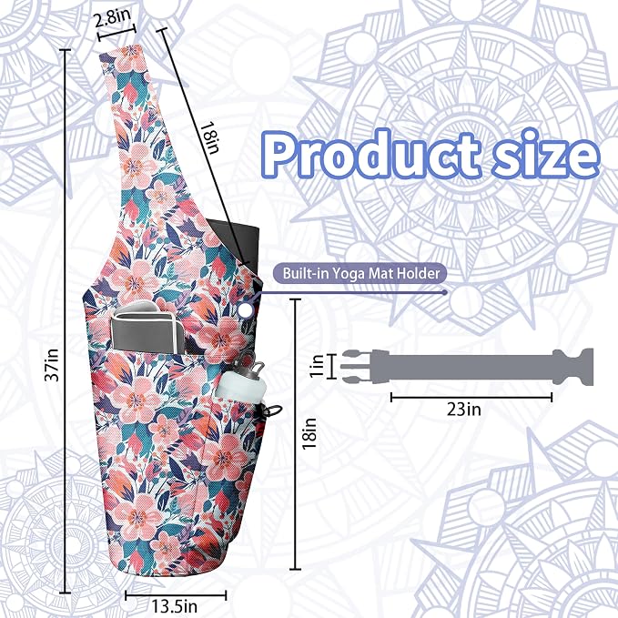 Yoga Bag for Women, Large Yoga Mat Bag Tote Carrier with Wet Dry Pocket, Water Bottle Holder & Adjustable Strap, Fits 1/2" Thick Yoga Mat for Gym, Pilates, Travel, Work