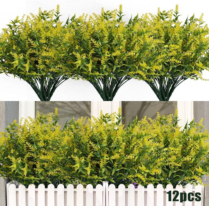 RECUTMS Artificial Flowers Outdoor UV Resistant Outdoors Fake Fall Plants | 12 Packs Faux Plastic Yellow Flower in Bulk for Hanging Planters Outside Porch Vase Home Window Decoration,Spring Decorations