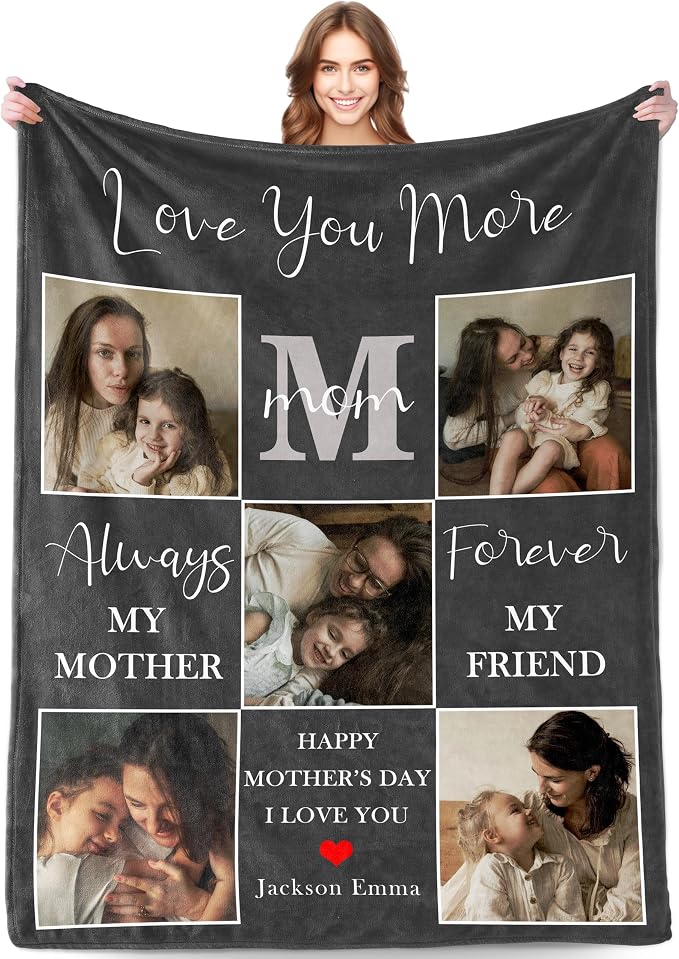 Personalized Mothers Day Birthday Gifts for Mom, Mothers Day Blanket Gifts from Daughter Son Kids Husband, Custom Blanket with Photos Text, Customized Christmas Anniversary Ideas Gifts for Mom Wife