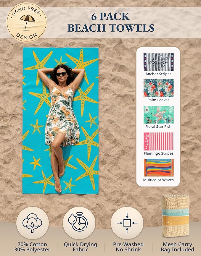 LANE LINEN Turkish Beach Towels for Women, Set of 6 - Large 39"x71", Pre-Washed, No-Shrink, Sand-Free, Quick Dry, Lightweight, Soft Beach Bath Towels - Coastal Mix