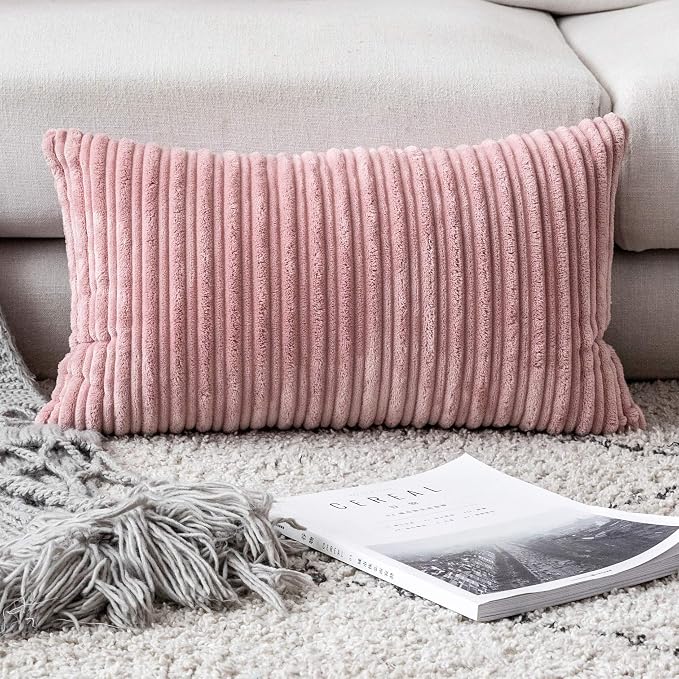 UGASA Velvet Pillow Covers Striped Soft Textured Throw Cushion Cases Pack of 2 Valentines Day Accent Corduroy Lumbar Pillowcases with Hidden Zipper for Home Decor Indoor 12"x20", Baby Pink