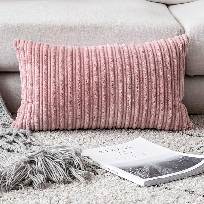 UGASA 14x24 Inch Pillow Cover Pack of 1 Valentine's Day Soft Boho Stripe Corduroy Long Rectangular Lumbar Cushion Cover Decorative Throw Pillows for Bed, Couch, Sofa, Bedroom, Living Room, Baby Pink